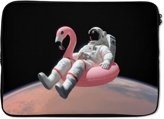 Laptophoes 13 inch - Astronaut - Flamingo - Zwemband - Roze - Laptop sleeve - Binnenmaat 32x22,5 cm - Zwarte achterkant