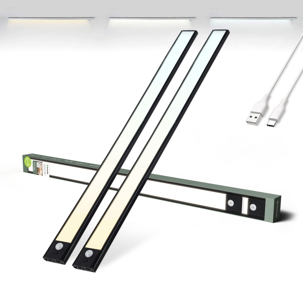 Brendz Keukenverlichting Onderbouw LED, Onderbouwverlichting, 2 x 60cm, USB-C Oplaadbare Led-Strip, 4400mAh, 3 Kleurtemperaturen, Dimbaar, Magnetisch, Keukenverlichting Draadloos, Kastverlichting, Puyo Zwart