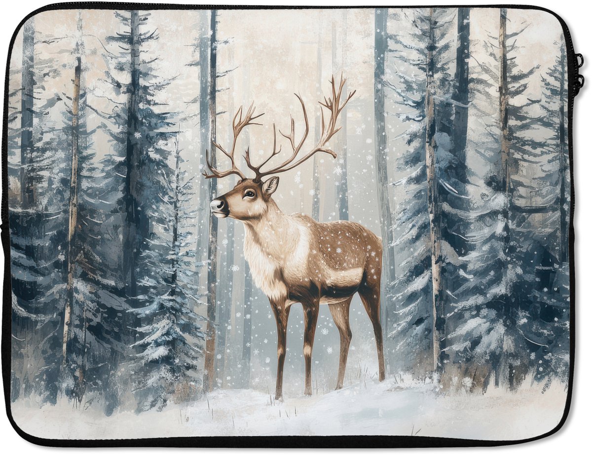 Laptophoes 17 inch - Rendier - Sneeuw - Woud - Wit - Laptop sleeve - Binnenmaat 41x28 cm - Zwarte achterkant