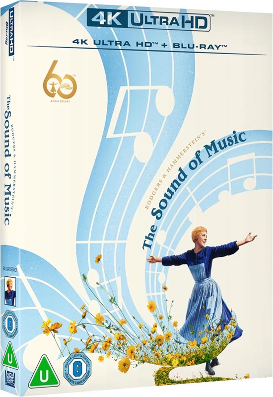 The Sound of Music 4K Ultra HD Blu-ray hoes met Julie Andrews die met open armen in een bloemenveld staat, omringd door notenbalken.