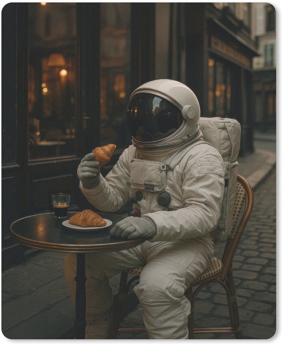 Muismat 19x23 cm - Mousepad Café - Croissant - Koffie - Astronaut - Muismatten