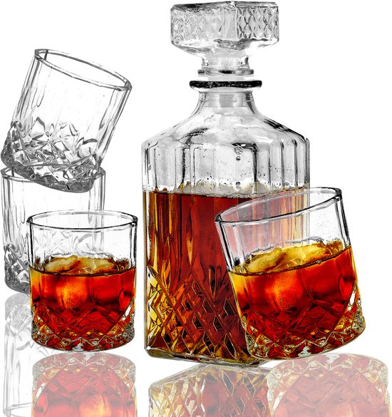 Whiskey Karaf Set met 4 Whiskey Glazen – Luxe Decanteerkaraf van Glas 900 ml – Karaf voor Whisky Proeverij – Whiskey Glazen Set – Perfect Cadeau voor Mannen – Whisky Accessoires voor Bar en Thuis