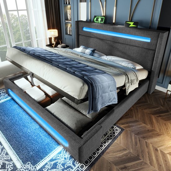 Gestoffeerd tweepersoonsbed, 140 x 200 cm, gevoerd bed met opbergruimte, hydraulisch mechanisme en elegante gouden accenten, perfect voor stijlvolle slaapkamer, fluweel, zonder matras (zwart, 140 x