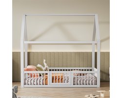 Tweepersoonsbed 140x200 cm - vlak bed - bed in huisstijl met klein deurtje - wit - zonder matras