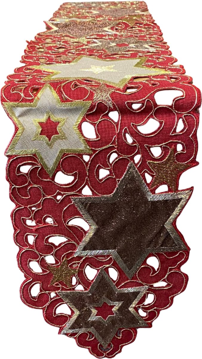 Tafelloper - Kerst - Linnenlook - Rood met sterren in goud en koper - 20 x 160 cm