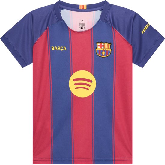Blauw en rood gestreept FC Barcelona tenue met 'Barça' logo, Spotify logo en clubwapen.