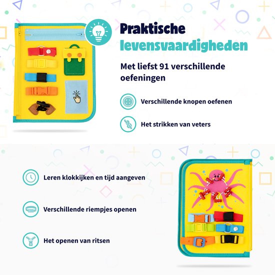MontiPlay® Montessori Speelgoed - Sensorisch Speelgoed - Activiteitenbord - Busy Board - Montessori voor thuis - Educatief - Sensomotorisch Speelgoed - Geelblauw - Het grote speelgoedboek 2025 van MontiPlay® — afbeelding 5