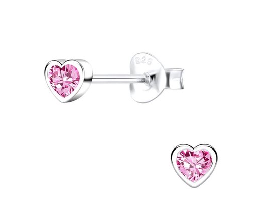 Clous d'oreilles en argent avec zircone rose en forme de cœur, argent sterling 925.