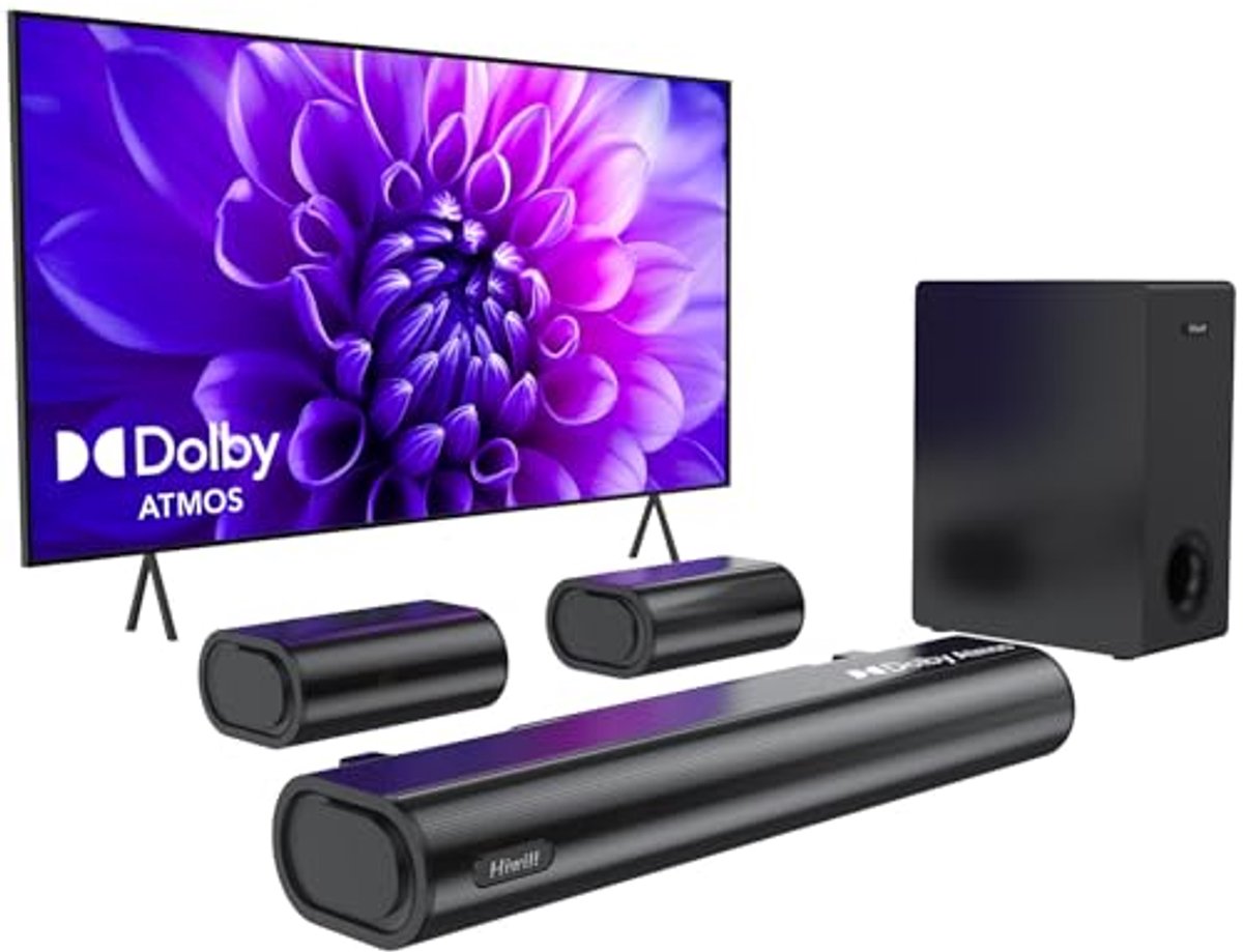 Dolby Atmos 5.1CH Soundbar met Subwoofer en Achterluidsprekers voor Smart TV - 380W Vermogen, Compacte Bluetooth Geluidsbar, eARC/ARC/Optical