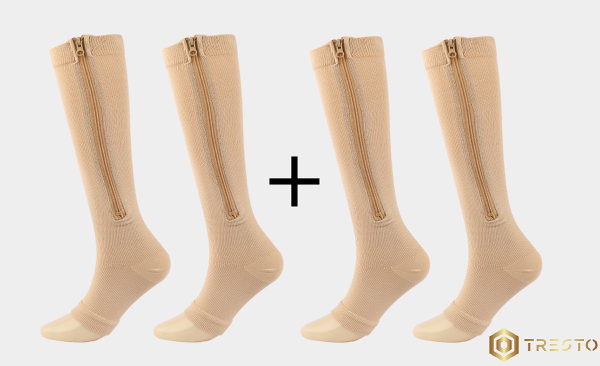 TRESTO - Professionele Compressiekousen / Steunkousen - 2 Paar - Large / Xtra Large - Mannen & Vrouwen - Elastische Kousen / Compressie sokken Voor Optimale Steun & Compressie Voor Heren & Dames - Beige
