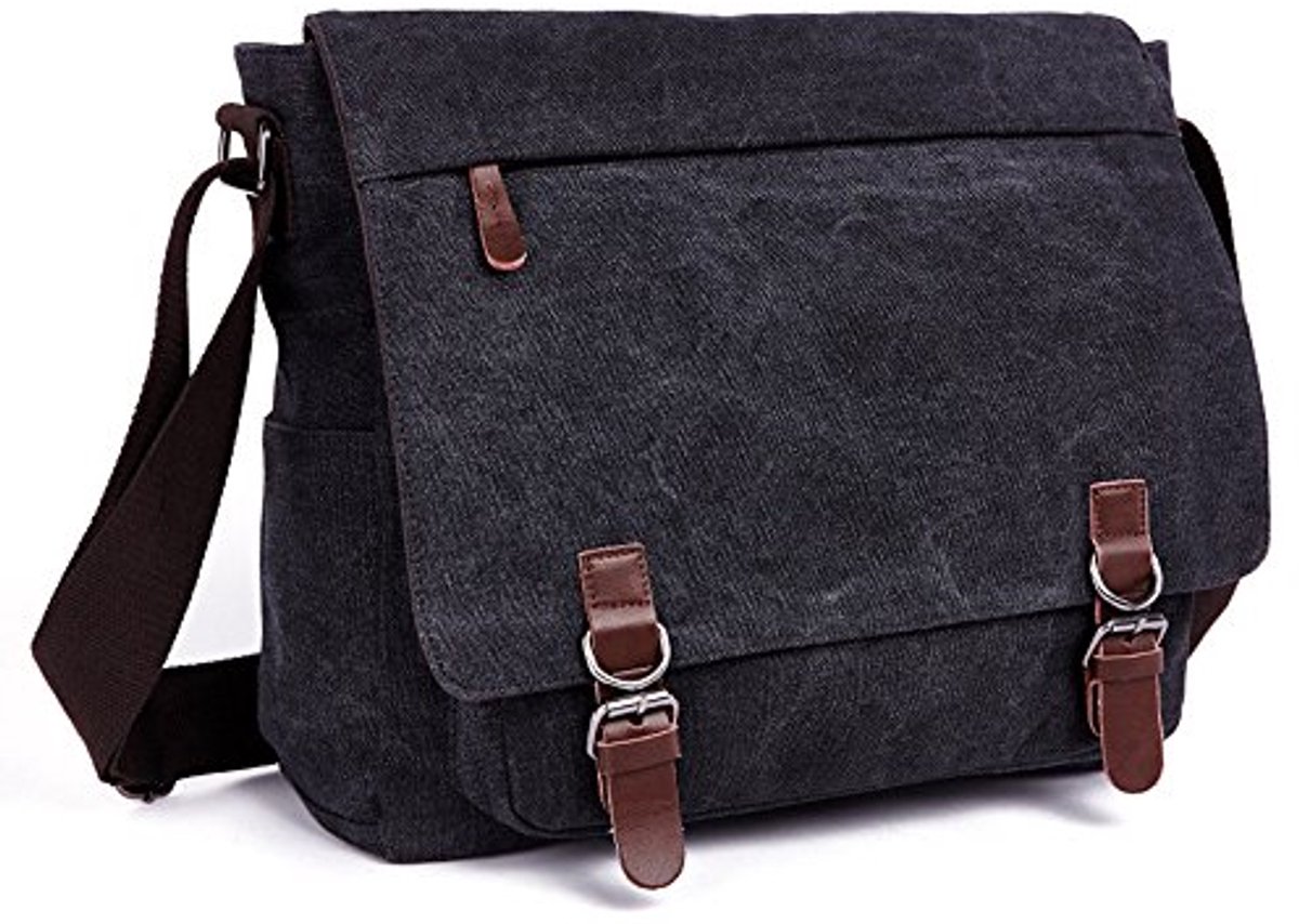 Schoudertas voor heren - 16 inch vintage canvas laptoptas met meerdere vakken