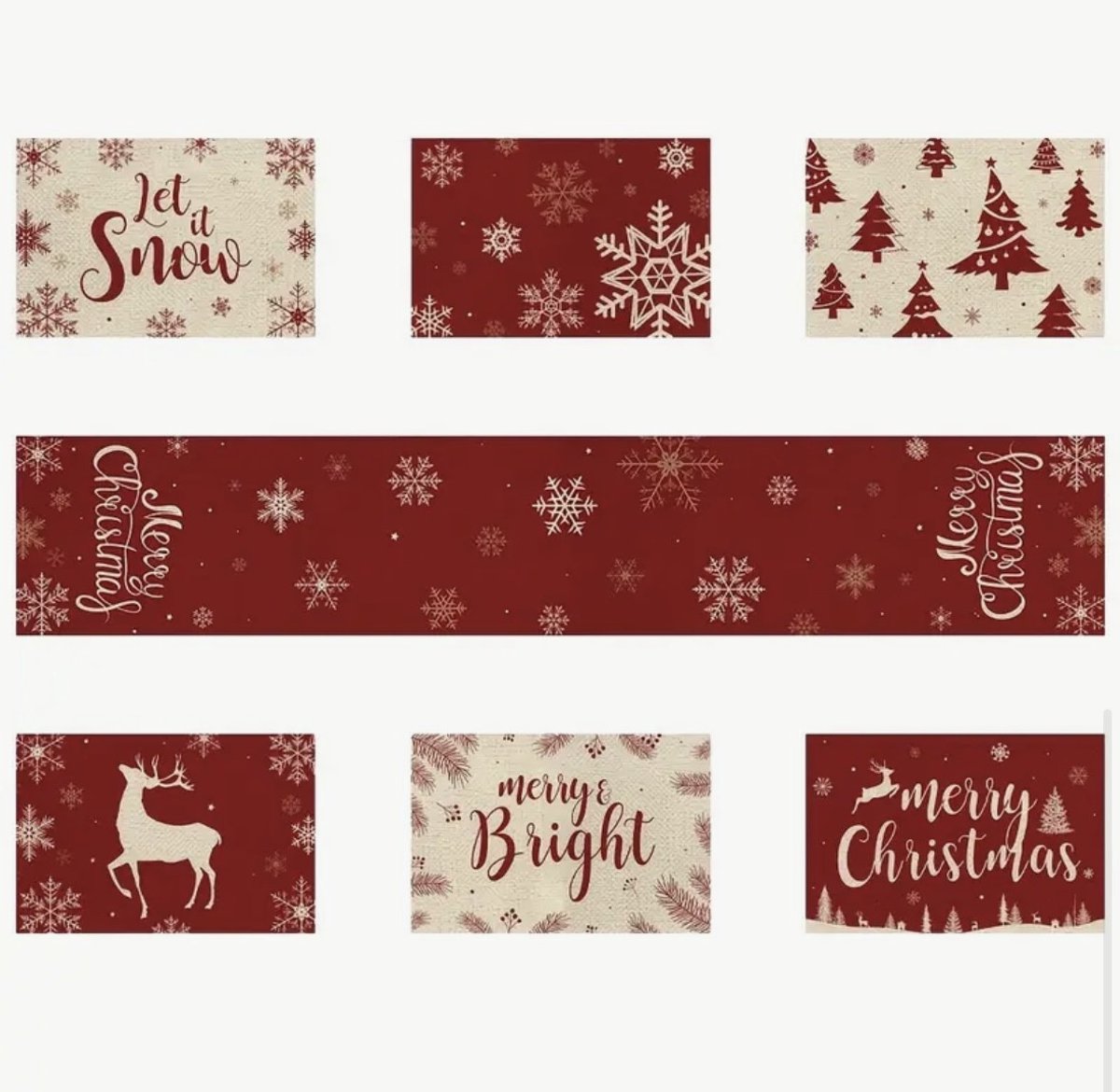 Kerst Tafeldecoratie Set - Tafelloper (183cm) + 6 Placemats - Jute Look Rood Wit - Rendier Sneeuwvlok - Complete Diner Kerstset