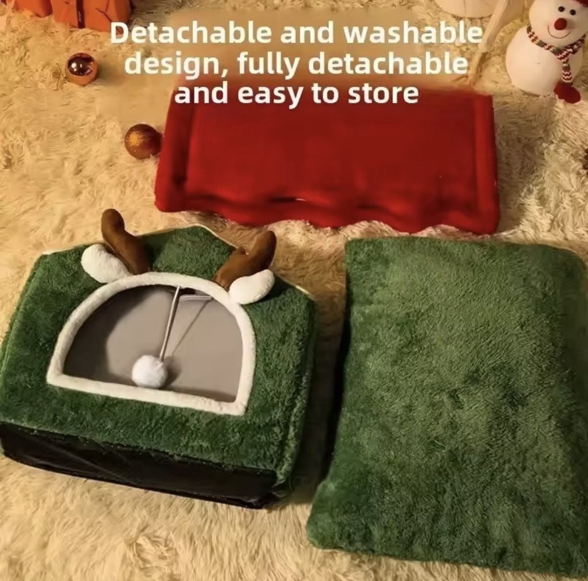 Luxe Kerst Kattenmand / Huisje - Pluche Rendier Design - Groen & Rood - Grote Maat (40x35x38 cm) - Opvouwbaar - Warme Hondenmand – foto 3