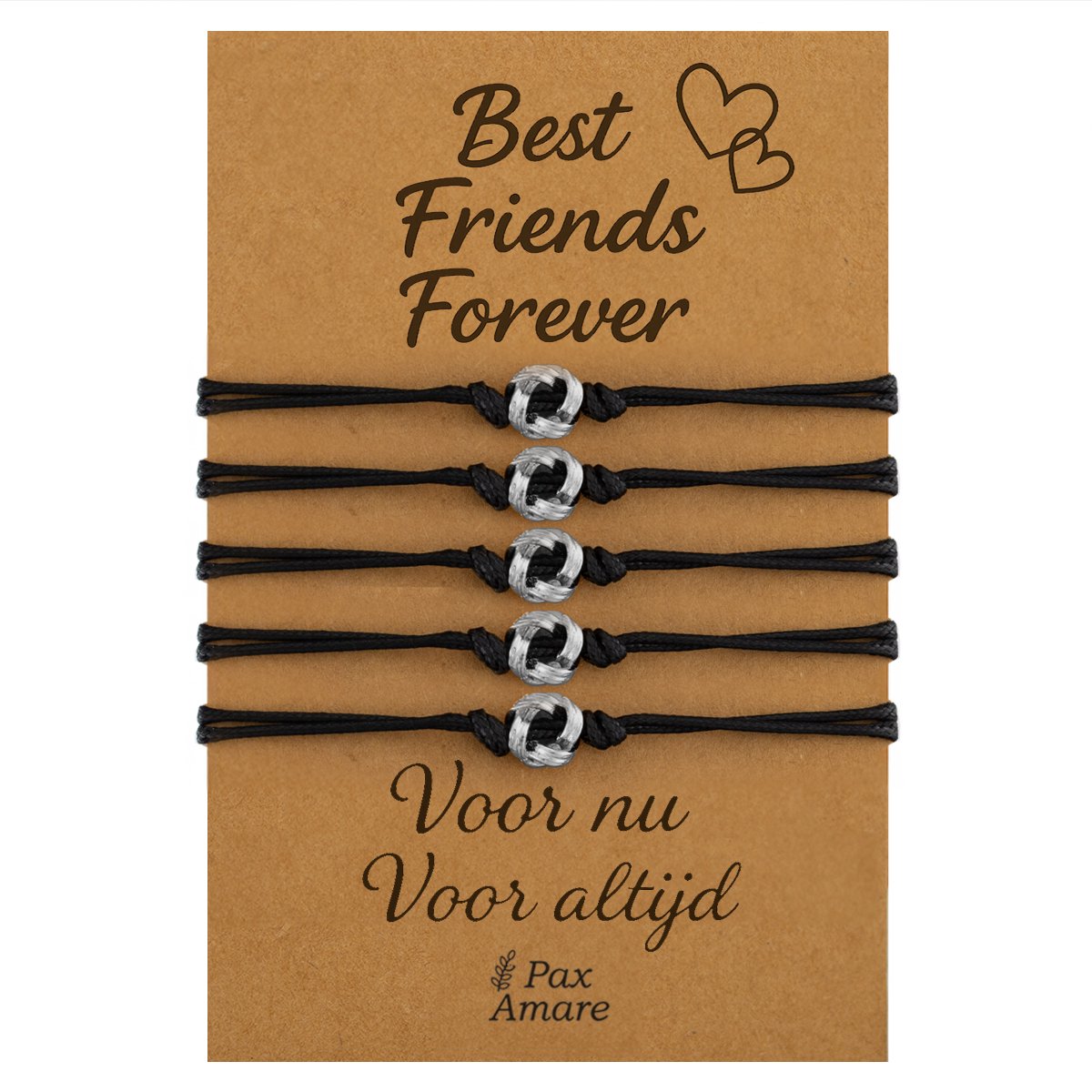 Vriendschapsarmbandjes voor 5 "Best Friends Forever" - Knoopjes - BFF Armbandjes met Persoonlijk Cadeau Kaartje - Zilverkleurig - Elastisch Verstelbaar - Pax Amare