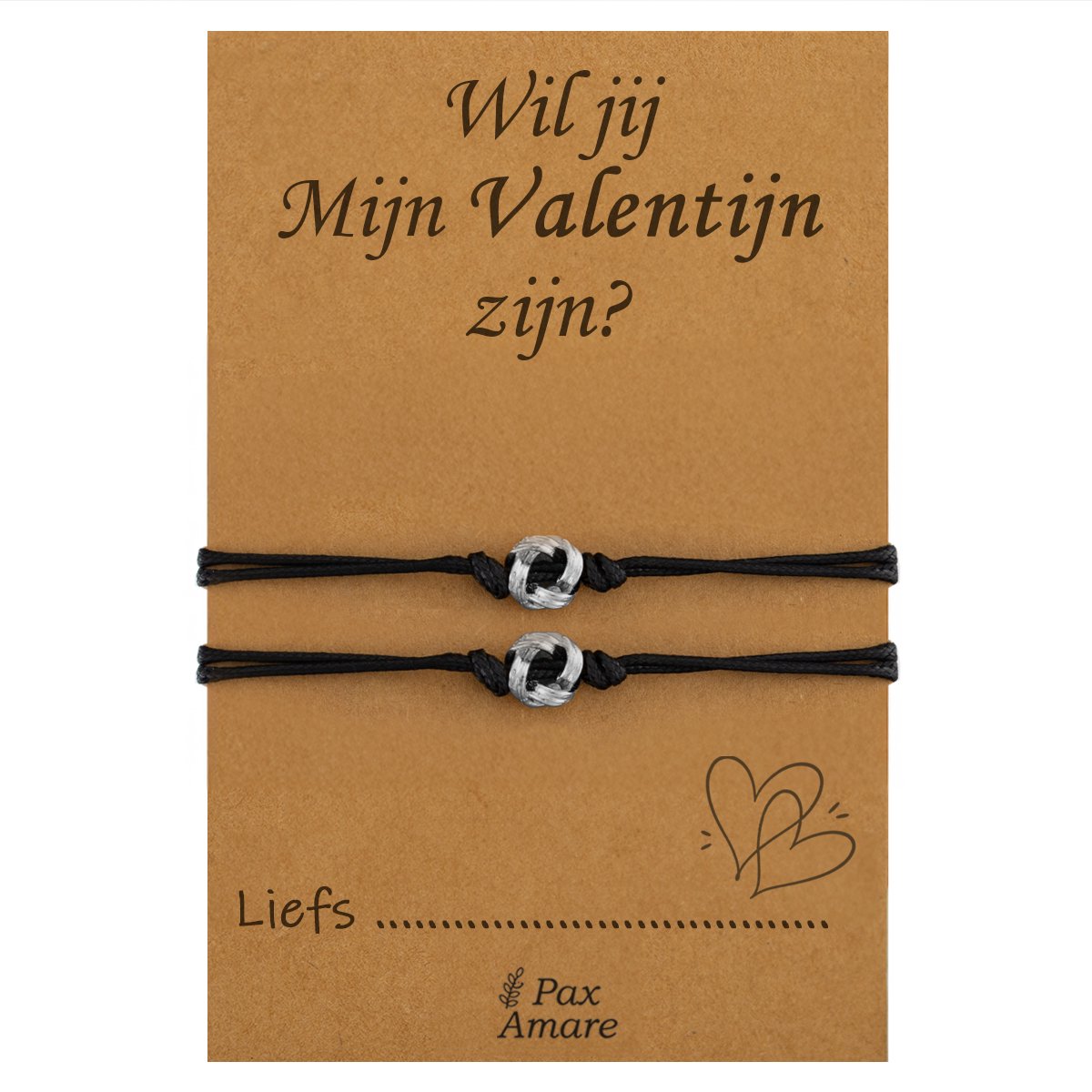 Koppel Armbandjes voor 2 "Wil jij mijn Valentijn Zijn?" - Knoopjes - Vriendschapsarmbandjes met Persoonlijk Cadeau Kaartje - Zilverkleurig - Elastisch Verstelbaar - Pax Amare