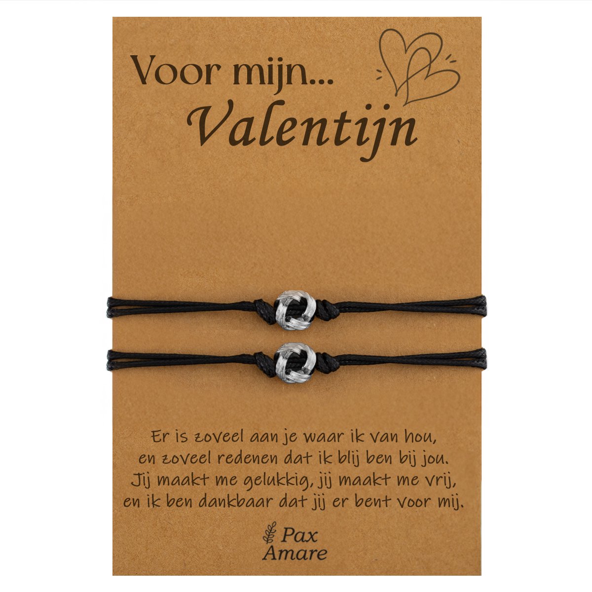 Koppel Armbandjes voor 2 "Voor Mijn Valentijn" - Knoopjes - Vriendschapsarmbandjes met Persoonlijk Cadeau Kaartje - Zilverkleurig - Elastisch Verstelbaar - Pax Amare