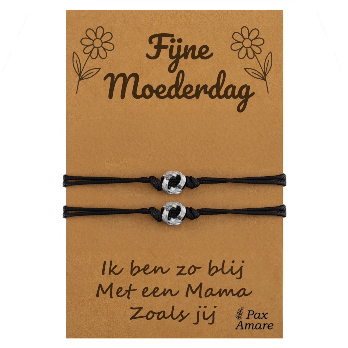 Moeder Kind Armbandjes voor 2 "Fijne Moederdag" - Knoopjes - Vriendschapsarmbandjes met Persoonlijk Cadeau Kaartje - Zilverkleurig - Elastisch Verstelbaar - Pax Amare
