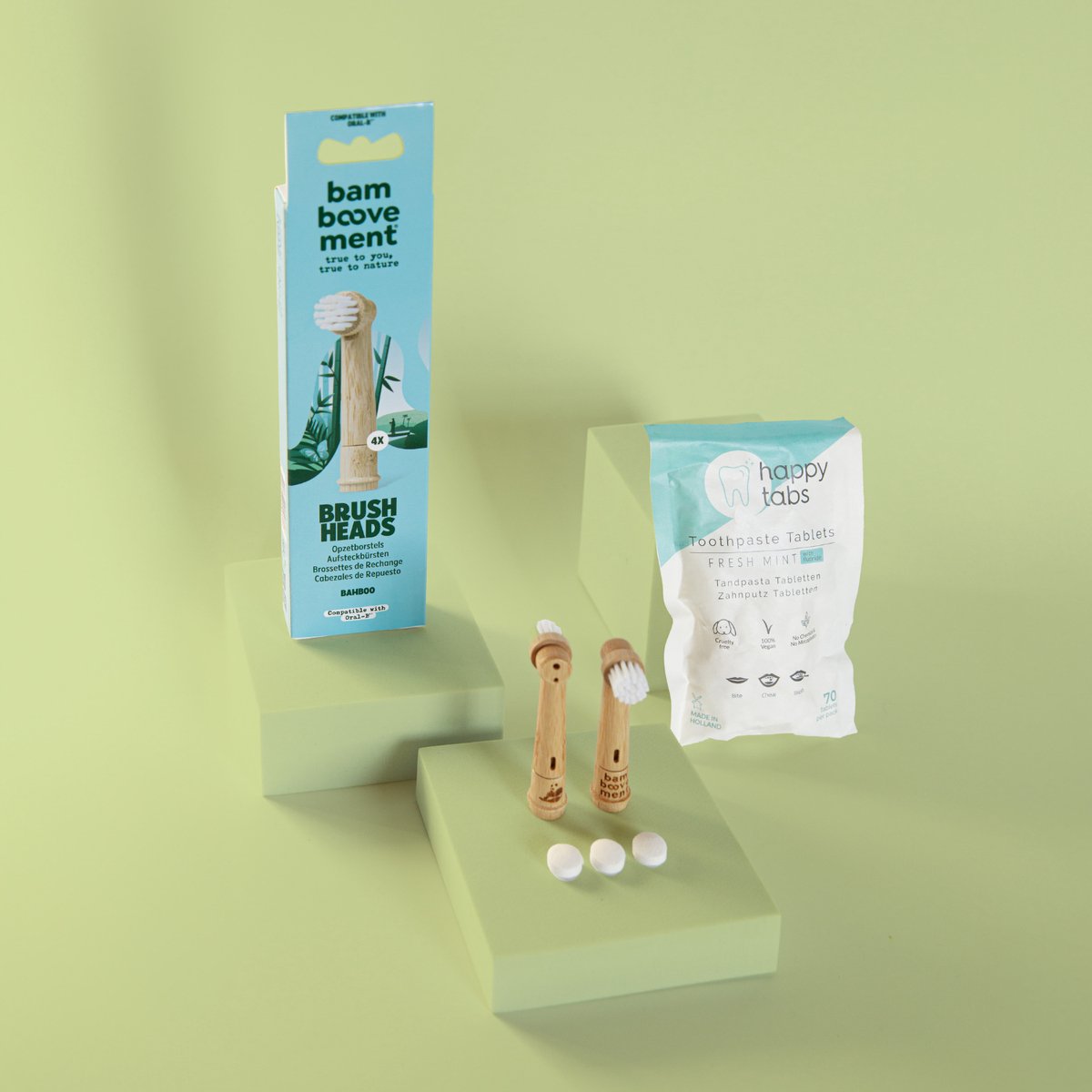 Bamboovement Duurzame Mondverzorgingsset - Bamboe Opzetborstels Geschikt voor Oral-B & Tandpasta Tabletten - 100% Plasticvrij