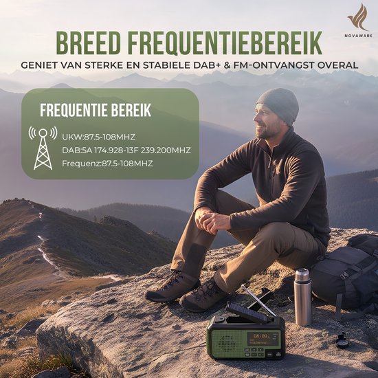 NovaWare® Radio d'urgence à remontage Solar - Banque d'alimentation à énergie solaire avec 5 200 mAh - DAB+/ FM - Pack d'urgence - Haut-parleur Bluetooth - Radio portable - Batterie - Vert
