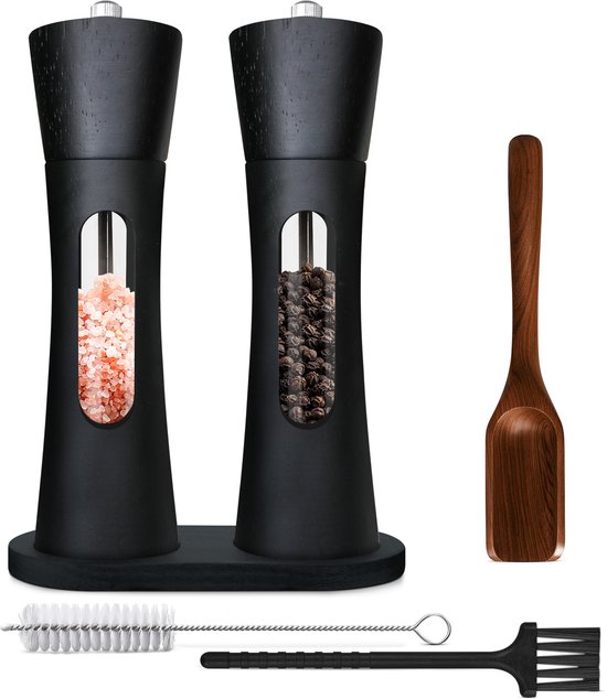Peper en zoutmolen set van acaciahout - Zwart - Kruidenmolen - Luxe kwaliteit - Pepermolen - BBQ & gourmet accessoire