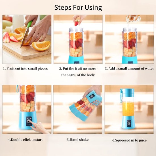 Draagbare blender - USB oplaadbare blender - Afneembare compacte blender - Smoothieblender - 380 ml - Perfect voor het maken van drankjes op kantoor, verse sappen thuis en energie in de sportschool - Blauw van Merkloos — afbeelding 5