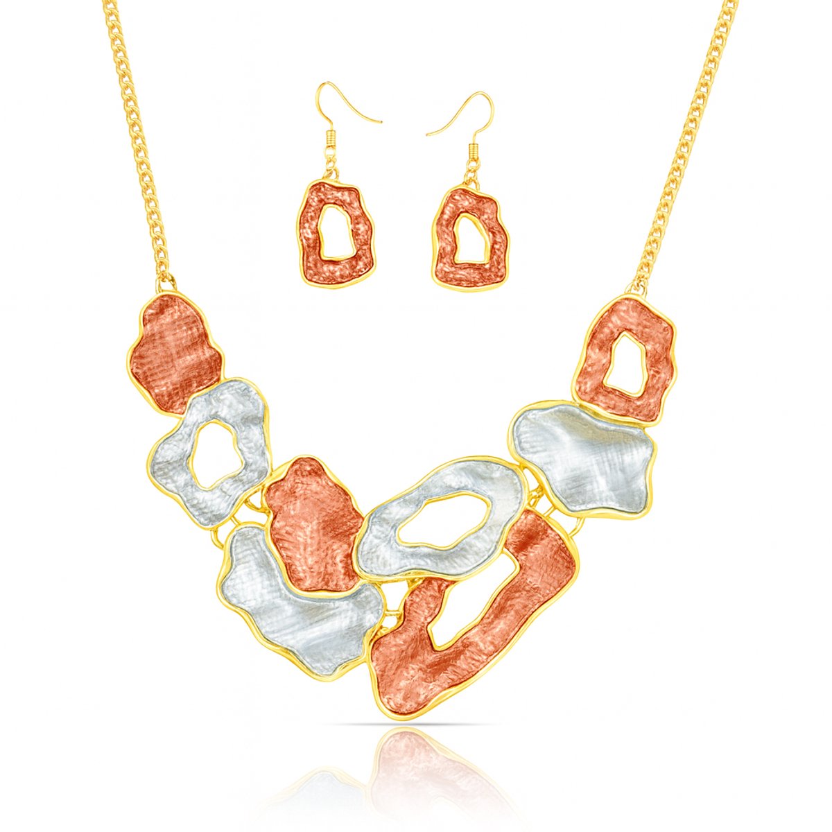Dames ketting en oorbellen set – Rood blauw goud golf geometrisch open design – Milieuvriendelijke legering
