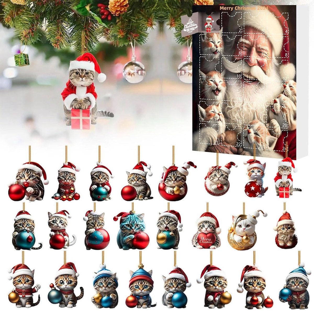 Adventsaftelkalender, 24-daagse kerstaftelkalender met schattige kattenpoppen, kerstboomversieringen in de vorm van 2D-acrylkattenhangers, sleutelhanger, vakantiedecoratie voor kattenliefhebbers (stijl A) - Cyslmuk®