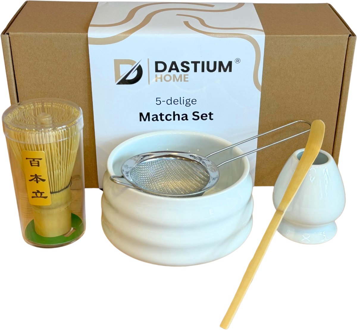 Dastium Home 5-delige Matcha Set - MatchaSet - Matcha Klopper - Matcha Kom - Matcha Zeef en Lepel - Matcha Klopperhouder - Matchaset - Matcha Starterkit - Wit