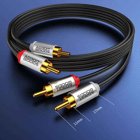 Zwarte audiokabel met twee sets RCA-stekkers, rood/wit en wit/wit, met vergulde connectoren.