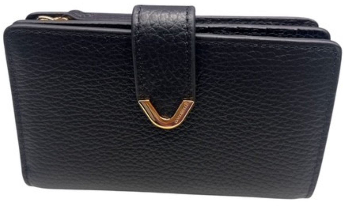 COCCINELLE DAMESPORTEMONNEE COMPACT MODEL ZWART LEDER MET GOUDEN DETAIL