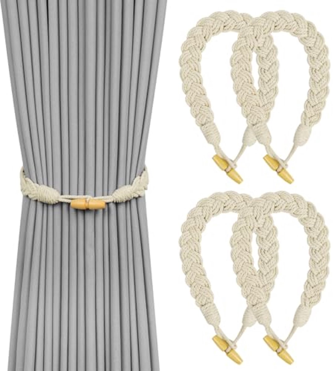 Natuurlijk Katoenen Gordijnbinders - Set van 4 Elegante Handgebreide Swags voor Gordijnen