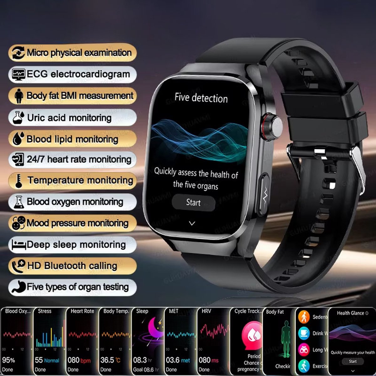2025 Smartwatch ECG & PPG Metingen Zwart HD Touchscreen