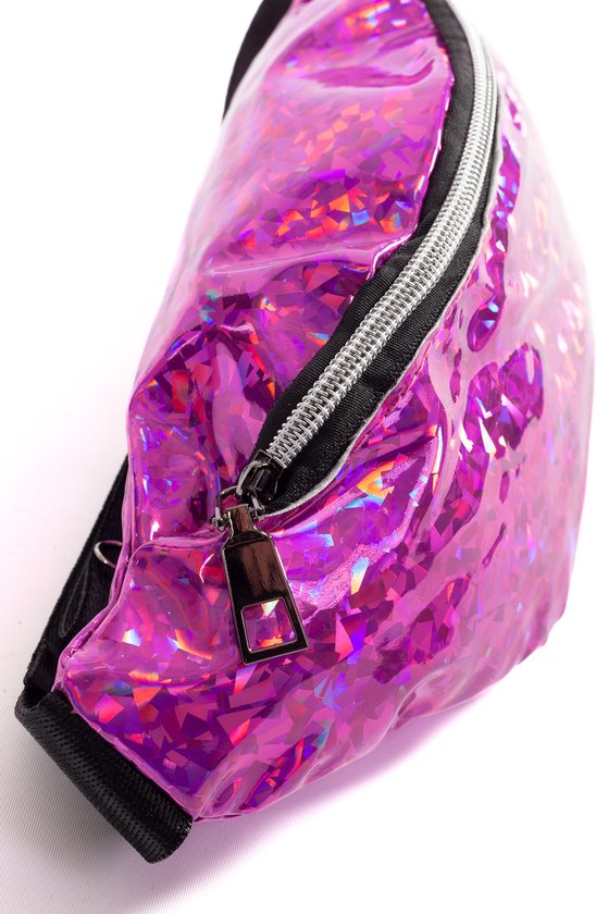 Roze holografisch heuptasje met zilverkleurige rits.