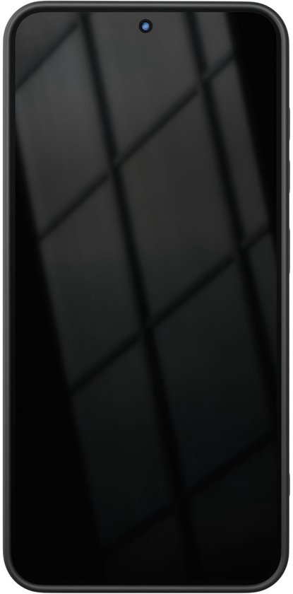 Smartphone noir avec écran réfléchissant et un petit appareil photo frontal.
