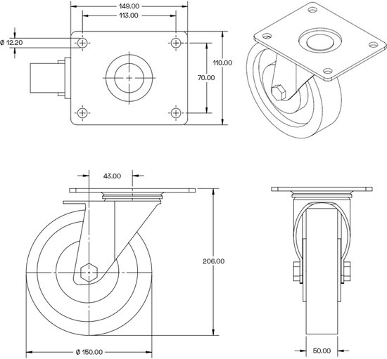 Roue de diable / Roue Bolderkar 3.00-4 - Anti-crevaison (PU) Zwart/ Zwart, Capacité de charge 125kg -