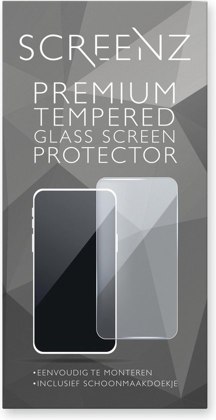 Verpakking van Screenz Premium Tempered Glass Screen Protector voor smartphone. Inclusief schoonmaakdoekje.