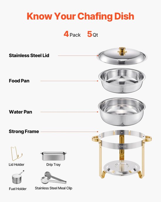 Chafing Dish Buffetset - 4 stuks - RVS warmhoudpannen - 5 liter capaciteit - Opvouwbaar - Voor catering, feest en buffet - Inclusief deksel en serveertang — afbeelding 2