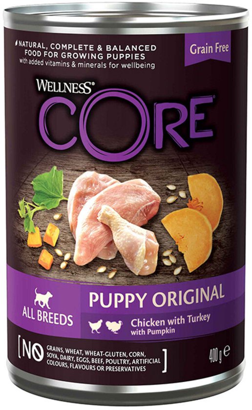 Wellness Core Hondenvoer Blik Puppy Kip - Kalkoen - Pompoen - 6 x 400 gr - Voordeelverpakking