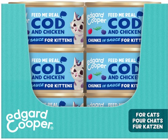 Verpakking Edgard & Cooper 'Cod and Chicken' kittenvoer voor katten, met vier blikjes in een kartonnen houder.
