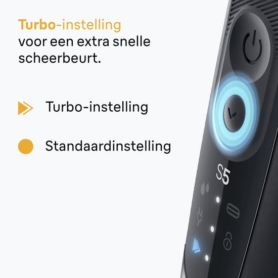 Detailopname van de aan/uit-knop en instellingsindicatoren (Turbo/Standaard) op een zwart Braun scheerapparaat.