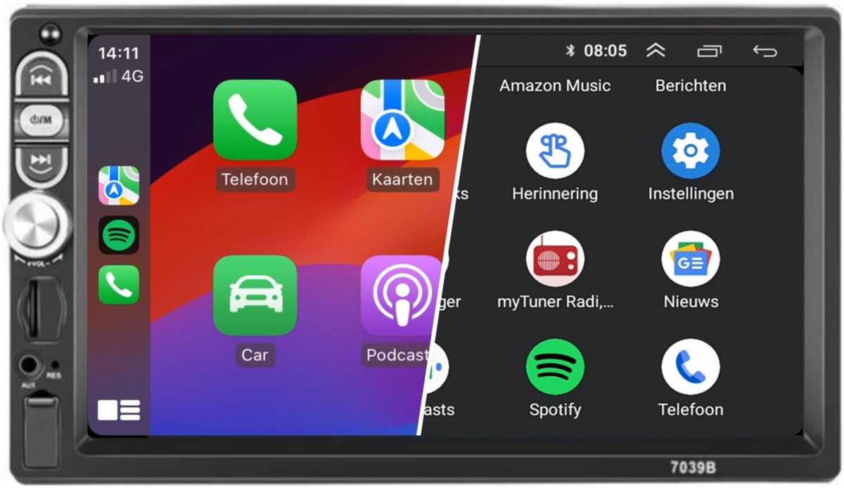 2-Din CarPlay & Android Auto | 7 INCH Touchscreen | Bluetooth & USB | Dubbel DIN Autoradio