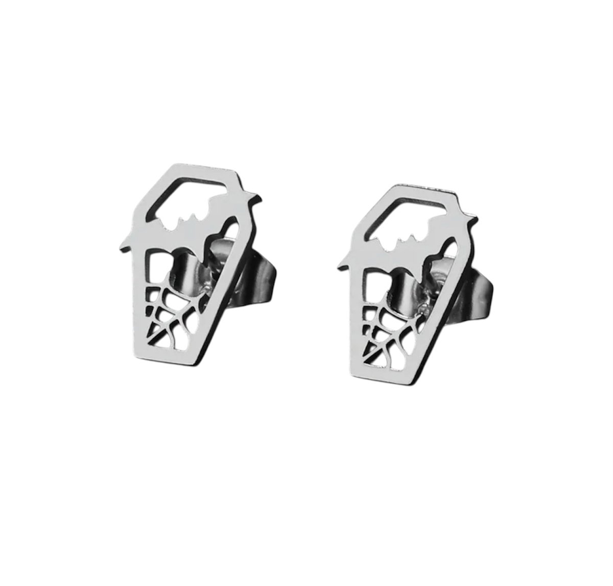 GoedeDoelen.Shop | Oorbellen Scary Coffin Silver | RVS Oorbellen | Zilverkleurig | Afmeting ca 1 CM | Oorsteker | Halloween | Halloween Accessoire | Eng | Vleermuis | Gothic