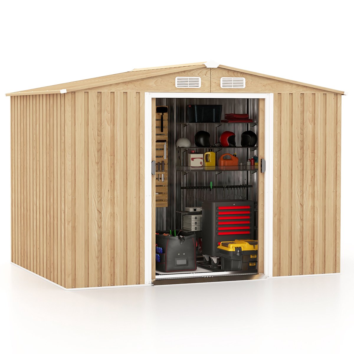 COSTWAY Gereedschapsschuur van metaal, afsluitbaar, incl. fundering, tuinhuis met 4 ventilatiesleuven en schuifdeur & helling, tuinschuur, metalen schuur, gereedschapsschuur, naturel (259 x 196 x 184