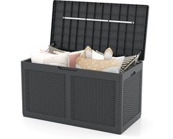 COSTWAY 380 L tuinbox met wieltjes, opbergbox, waterdicht incl. deksel, opbergdoos, tuinkist met rotanstructuur voor zwembadaccessoires, tuingereedschap en balkon (grijs)