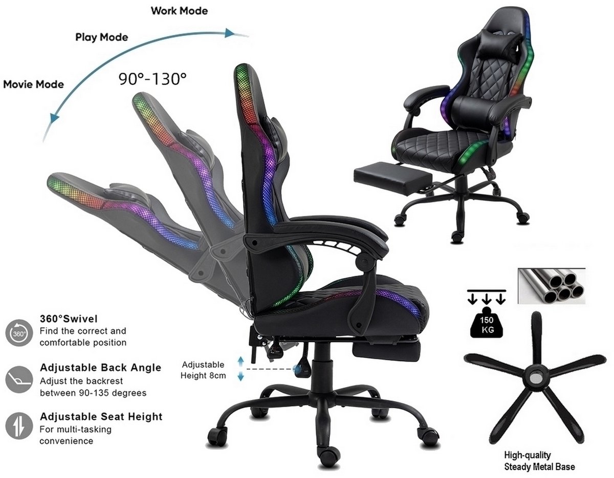 Afbeelding 2 van Delman Gaming Stoel met Massagefunctie, LED RGB Verlichting, Ergonomische Bureaustoel met Hoofdsteun, Lendenkussen, Voetsteun, 360° Draaibaar, Verstelbare Rugleuning 90°-135°, Max. 150 kg