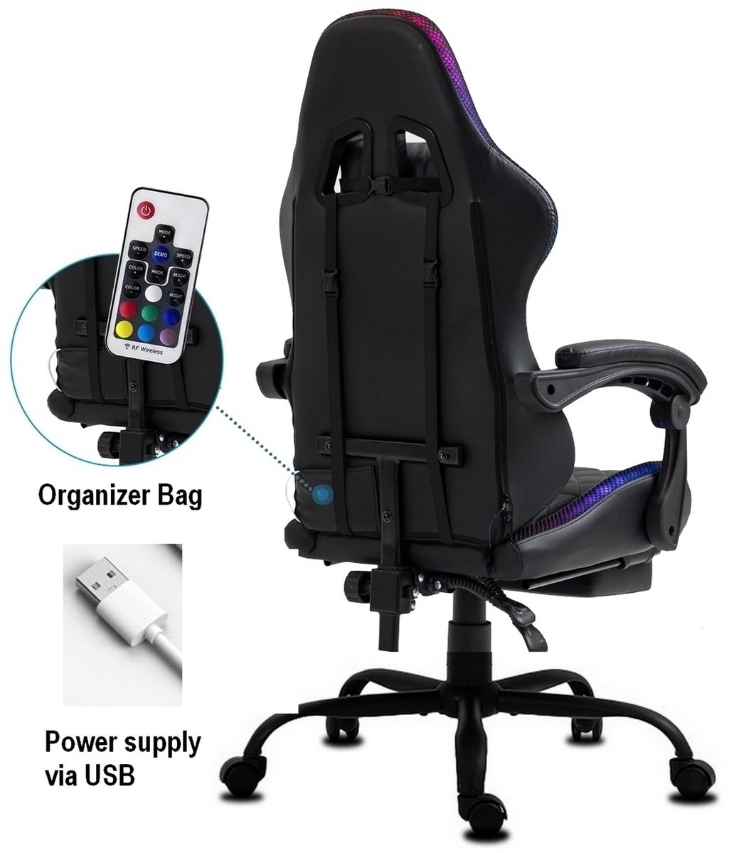 Afbeelding 3 van Delman Gaming Stoel met Massagefunctie, LED RGB Verlichting, Ergonomische Bureaustoel met Hoofdsteun, Lendenkussen, Voetsteun, 360° Draaibaar, Verstelbare Rugleuning 90°-135°, Max. 150 kg