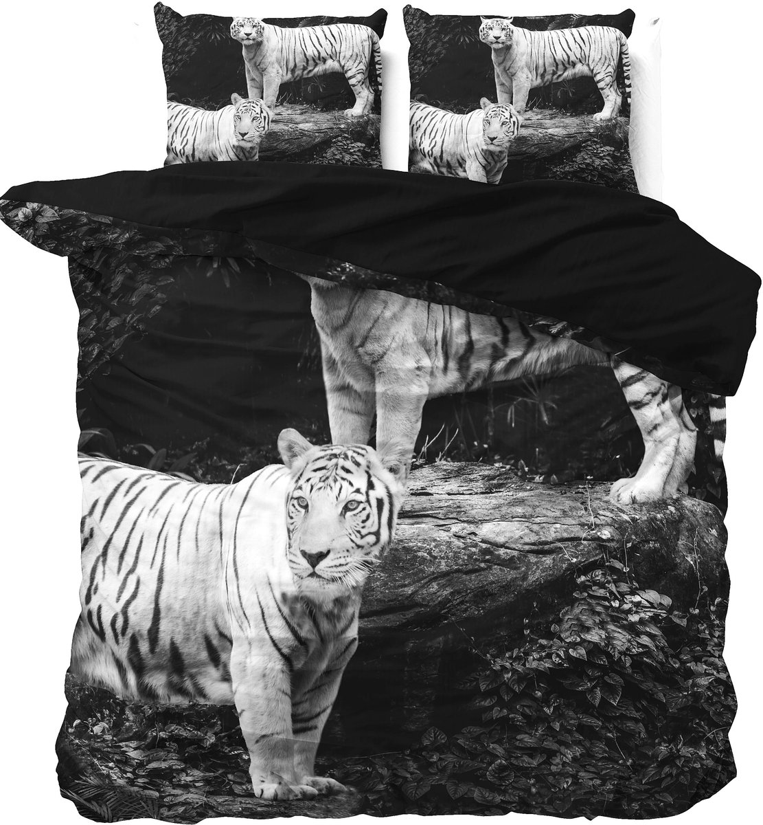 Lits-jumeaux dekbedovertrek (dekbed hoes) antraciet grijs / zwart met tijgers (wilde dieren fotoprint / tiger) in de natuur KATOEN 240 x 220 cm (safari beddengoed slaapkamer)