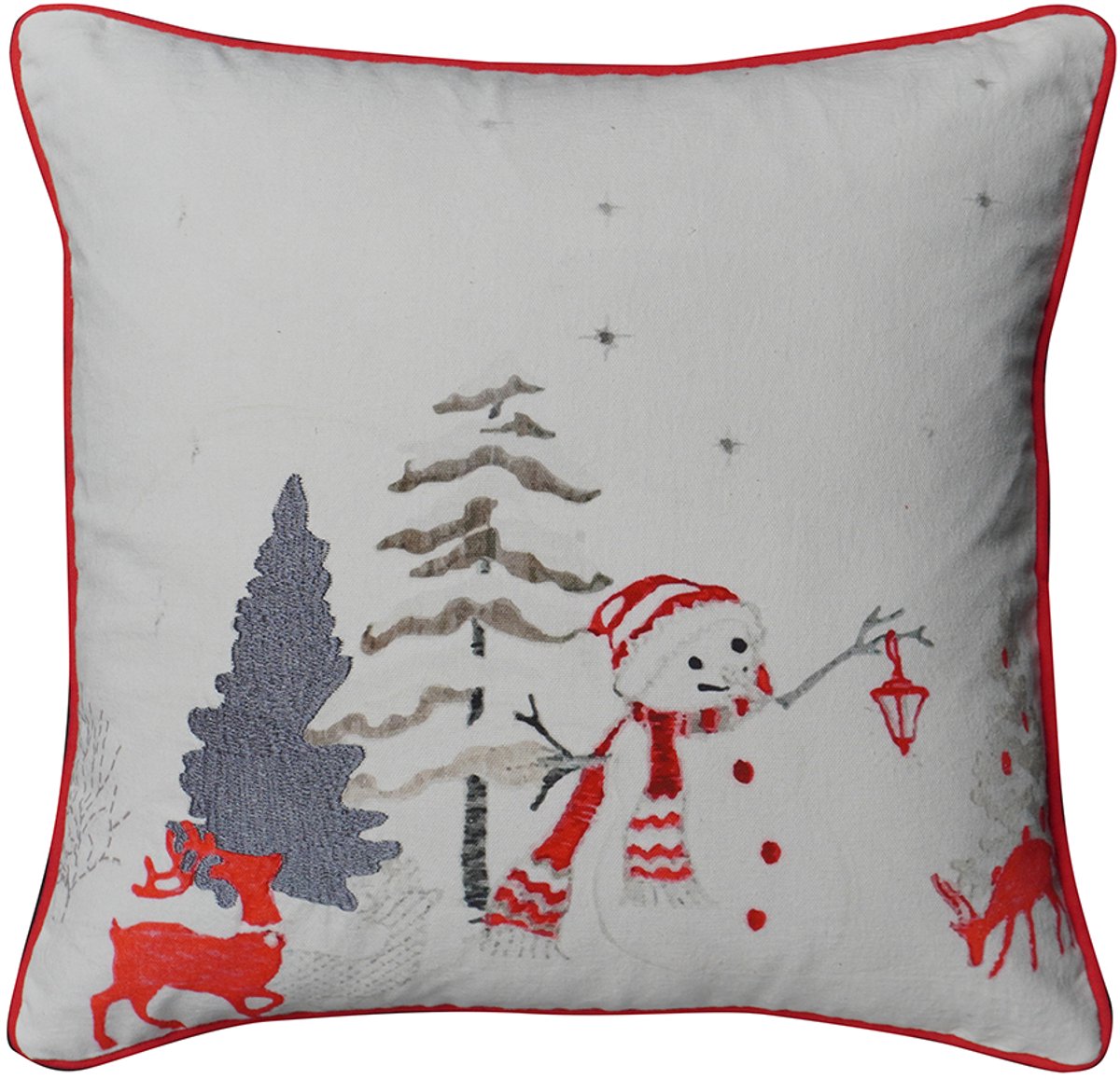 Urbane Hide Kerstkussen - Geborduurd & Bedrukt met Sneeuwpop en Rendier Kerst Kussenhoes - Kussenhoesjes Vierkant voor Kerst - Kerstkussens met Zilver- en Roodtinten - 45x45 cm - Katoen - Wit/Rood - Zonder Binnenkussen Type K