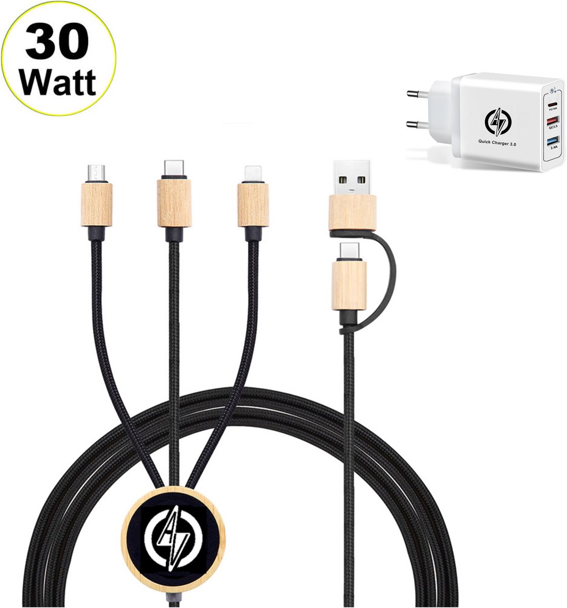 AV 5 in 1 Multikabel en 30 Watt Snellader Travelpack - Quickcharger - Oplader - Fastcharger