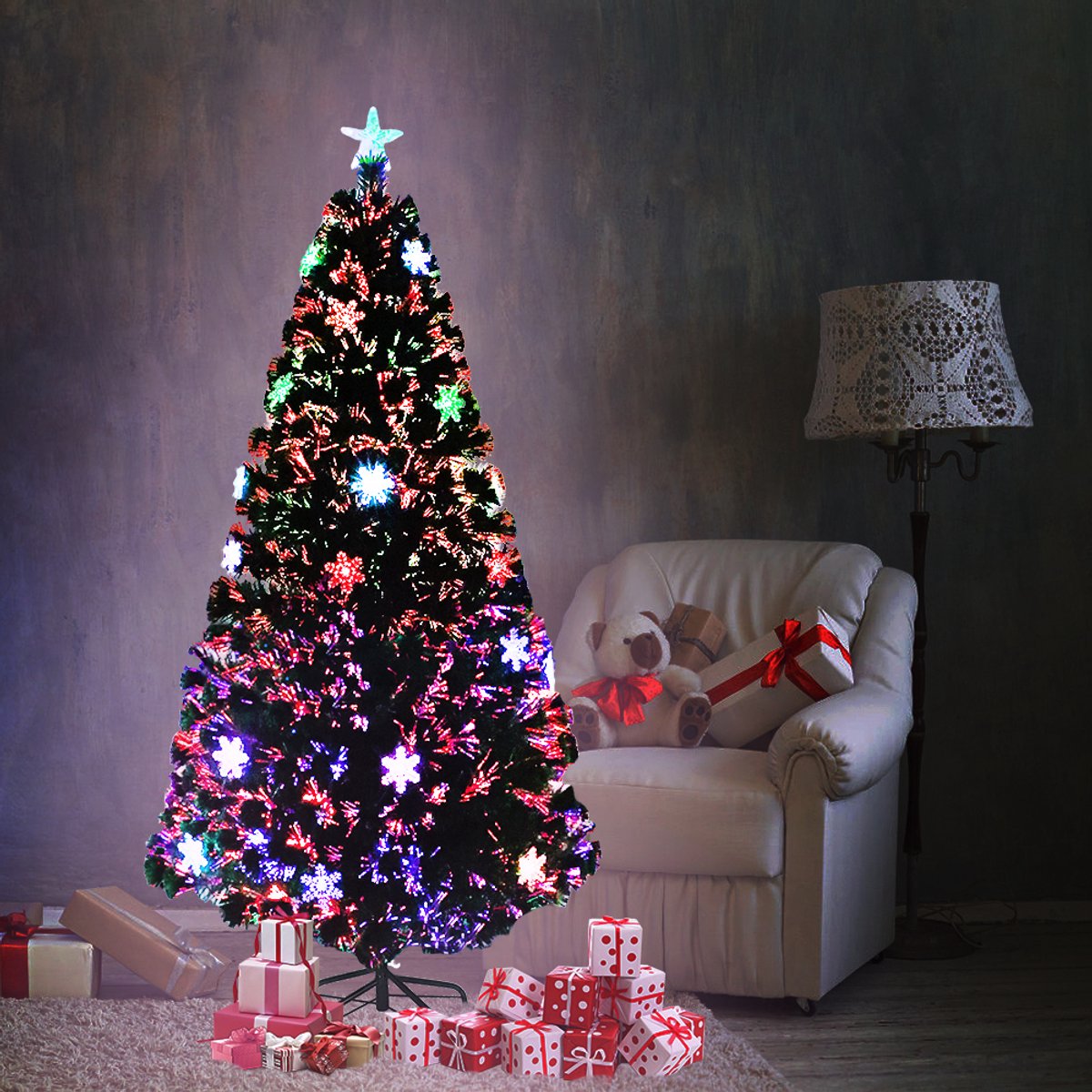 NAIZY Kunstkerstboom met verlichting 210cm Groene PVC Decoratieve Kerstboom Kerstdecoratie met Standaard en sneeuwvlokdecoraties, Kleurrijke Dennennaalden + Sneeuwvlokken – foto 4